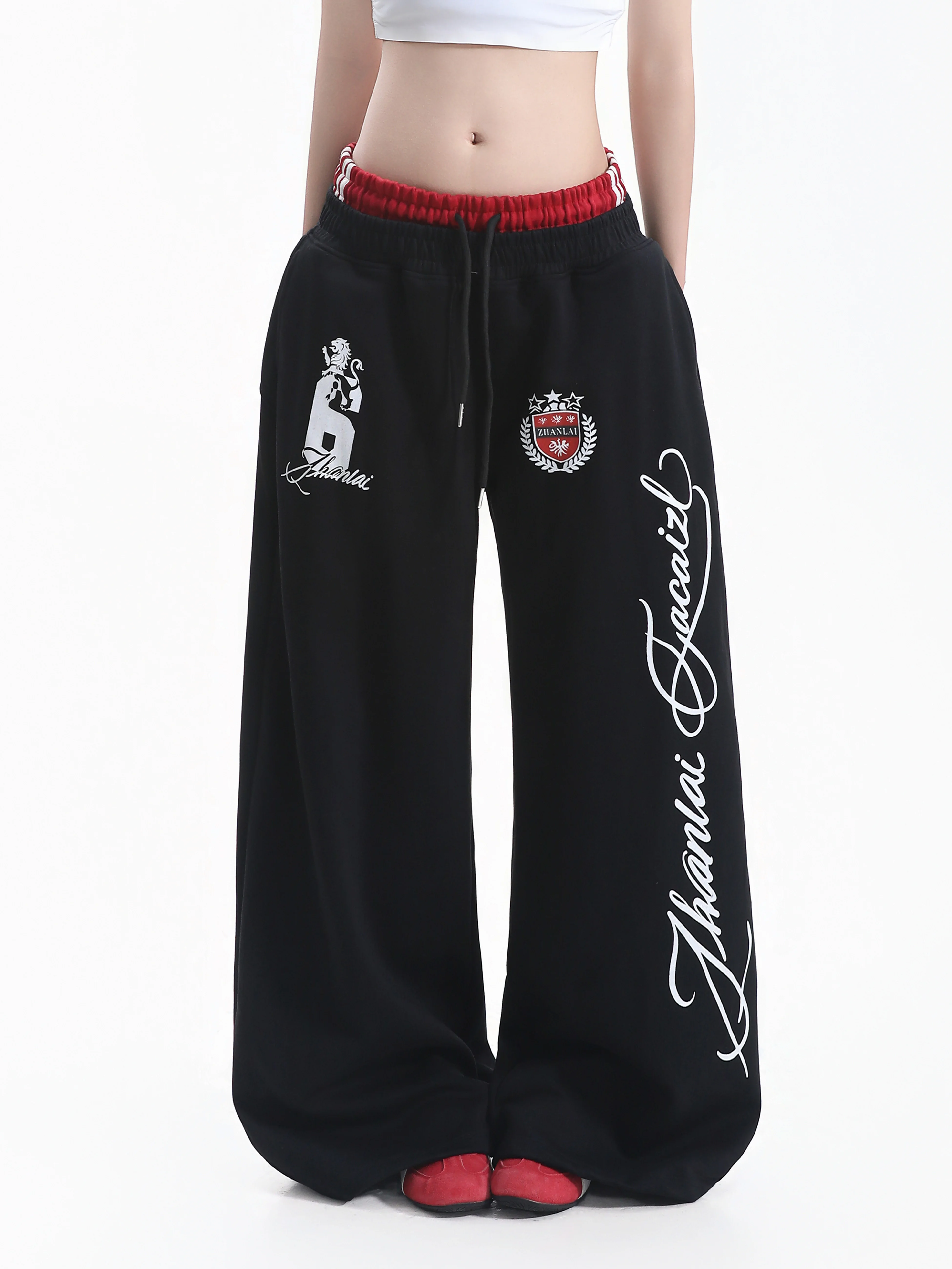 Vintage Contrast Color Wide Leg Sweatpants Women's Draped Floor-Length Street Dance Neutral Style Sports Pants Casual Cotton