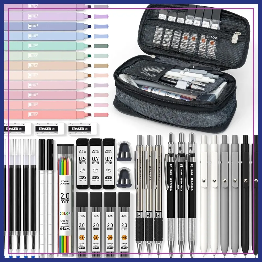 

45 PCS Stationery Set with Pen Case, College Supplies, Nursing Student Essentials, 12 Pastel Highlighters, 6 Black Gel Pens, 6 Mechanical Pencils
