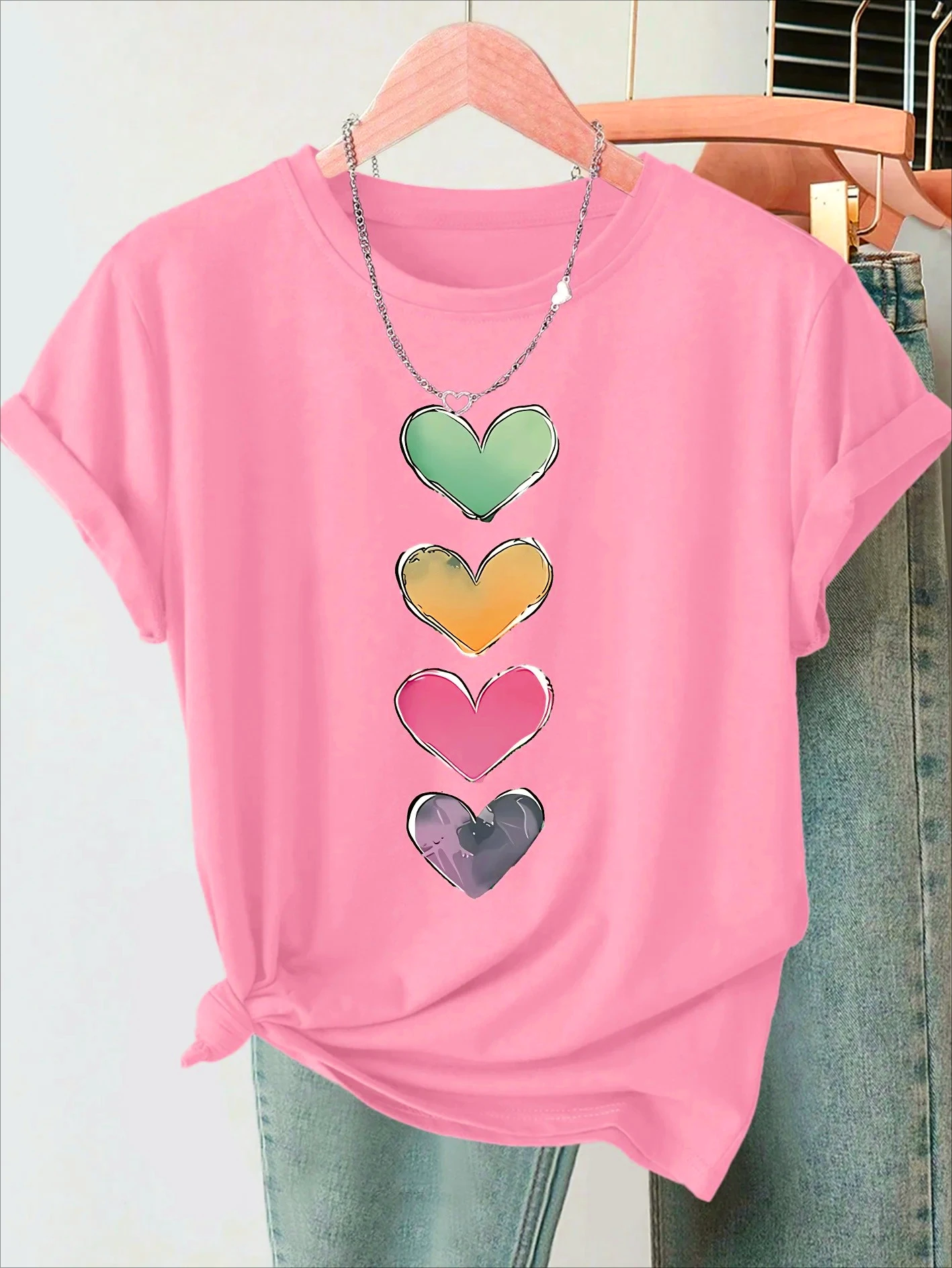 Women Round Neck Short Sleeve Gradient Love Print T-shirt Soft Selection Breathable Funny Unique Design Summer Playful Women Top