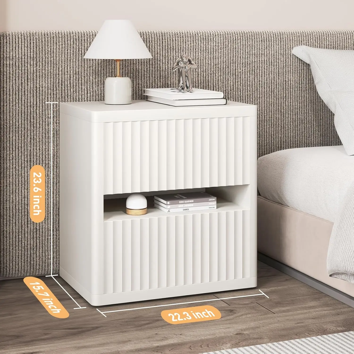 Mesa de noche estriada Dripex con 2 cajones, mesita de noche grande y ancha de madera para dormitorio, moderna de mediados de siglo