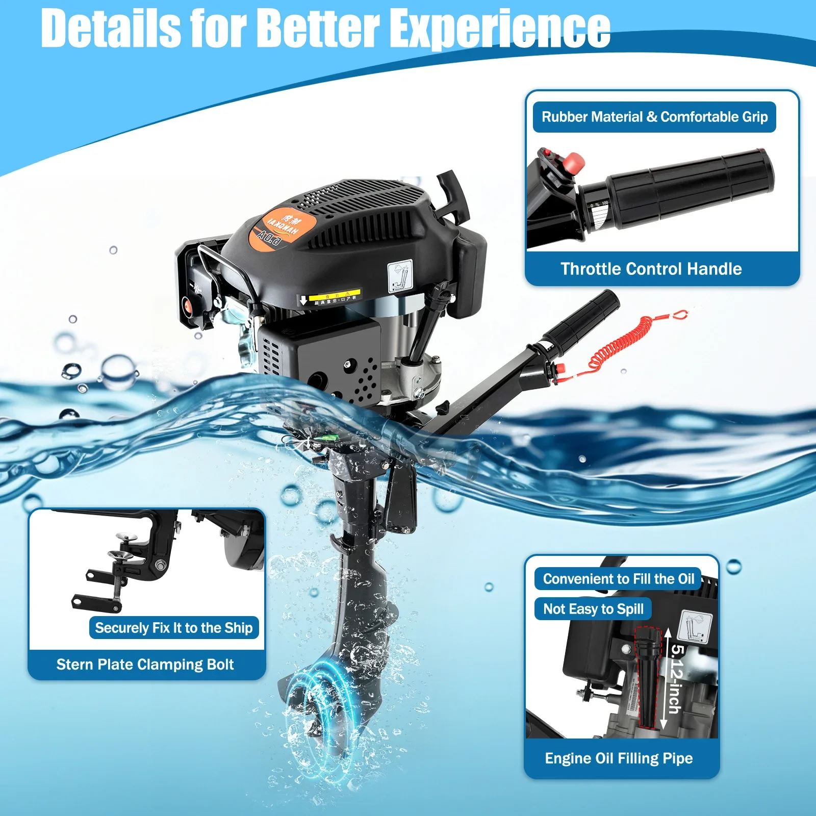 HANGKAI Heavy Duty 6 HP Fishing Boat Outboard Motor ,4 Stroke Outboard Motor Boat Engine ,Air Cooling System Boat Accessories