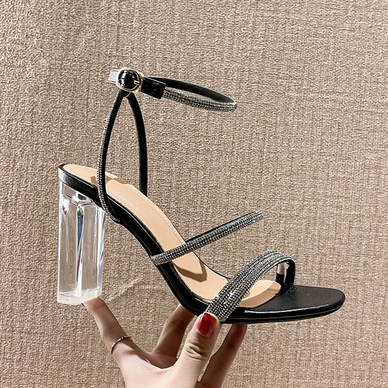 One line buckle thick heels, fashionable transparent heels, high heels, new rhinestone sandals, women\'s summer square head