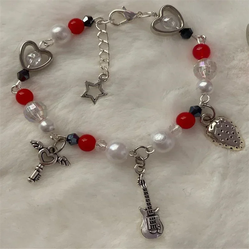 Adorable nana charm bracelets strawberry bow guitar handmade y2k coquette anime beaded kawaii friendship couple bracelet