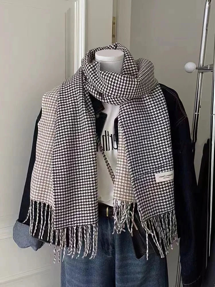 New Women's Winter Scarf Imitation Wool Classic Houndstooth Tassel Academy Style Student Scarves Elegant Fashion Accessories