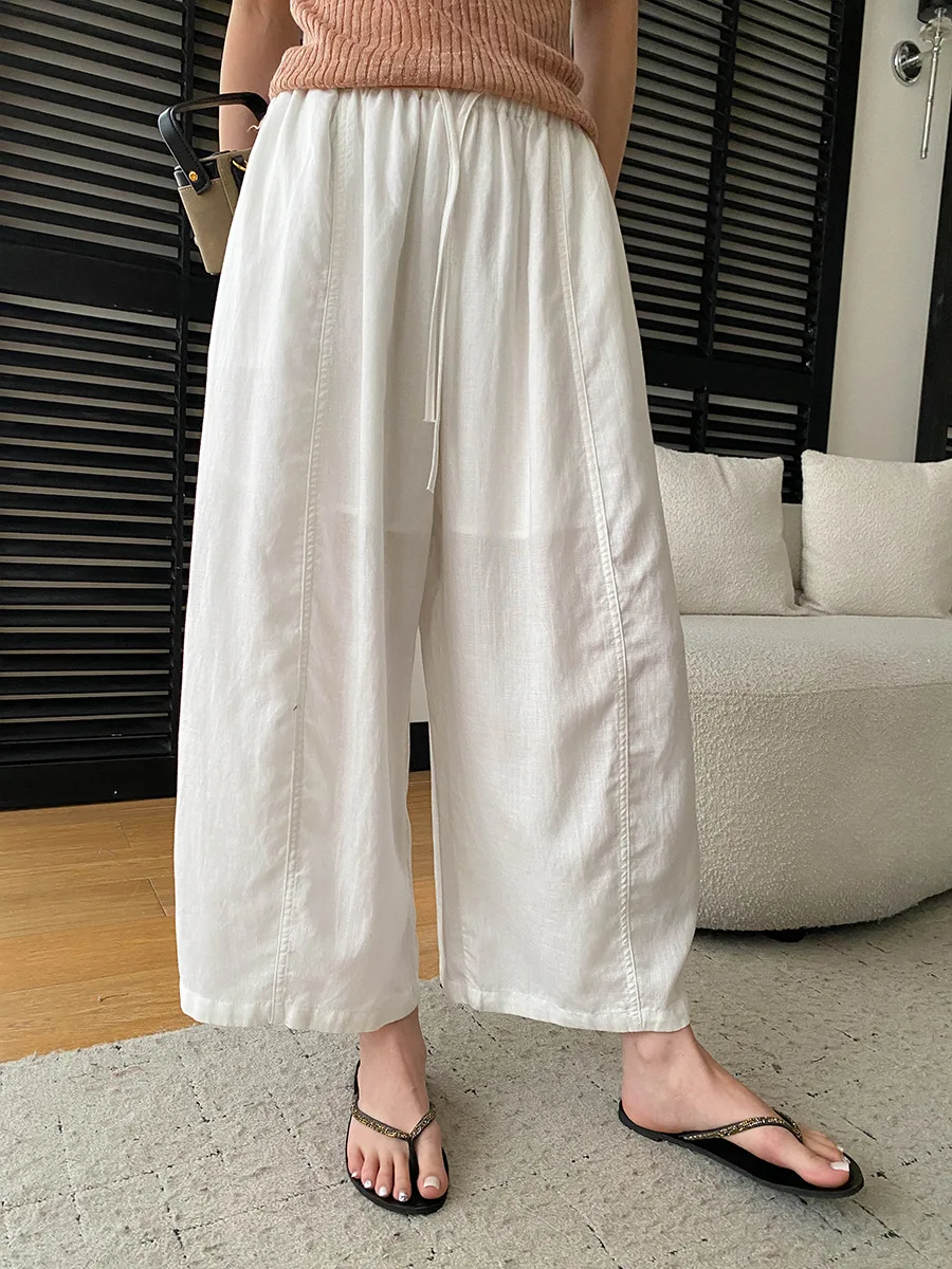 Sommerliche High-Waist-Hose mit weitem Bein für Damen, lässige, einfarbige, locker sitzende Hose – Detail 39