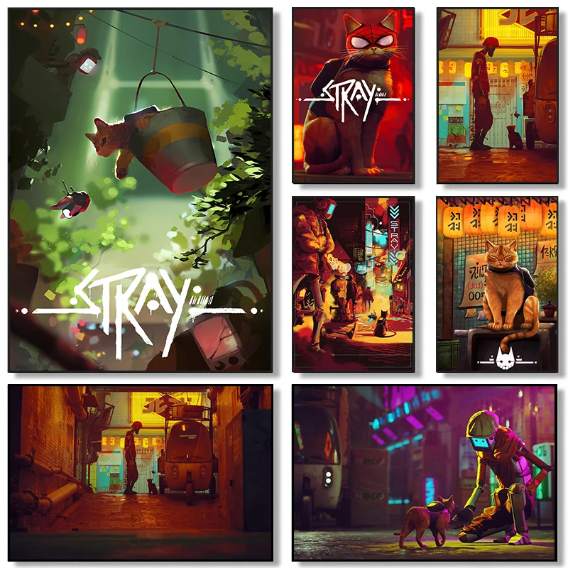 Stray Game Poster Modern Video Adventure Cat Survival Wall Art Canvas Painting for Home Bar and Room Decor Unique Prints for G