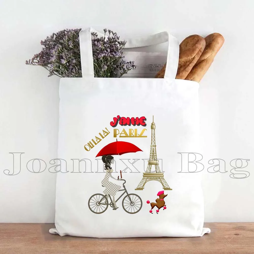 Love Paris France Map Flag Eiffel Tower City Landmark Pug Life Oh La La Baguette French Food Cute Canvas Tote Bag Cotton Handbag