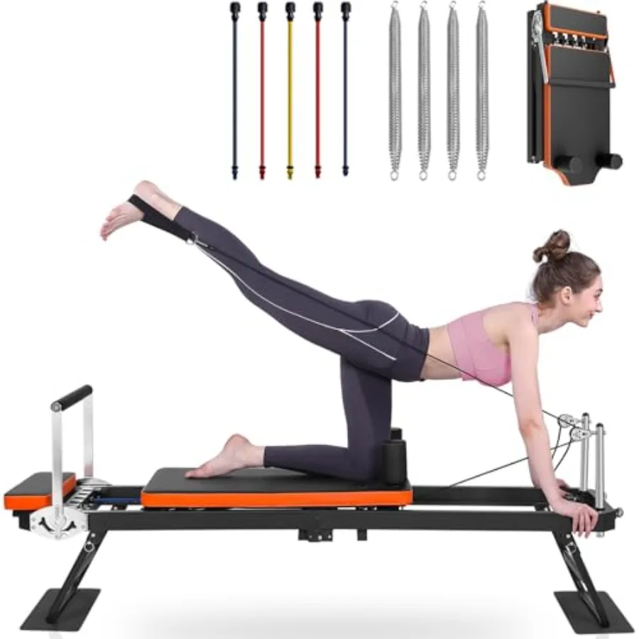 

Foldable Pilates Reformer for Home and Gym Use Wooden Frame with 4 Springs 5 Resistance Cords Suitable for Beginners and Advanc