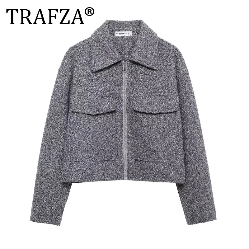 

TRAFZA 2024 Women's Cropped Jacket Vinatge Grey OuterwearLong Sleeve With Pocket Zipper Faux Fur Coat Fashion Women's Clothing