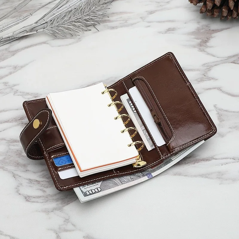 YIWI M5 Genuine Leather Regular A8 Rings Planner 5-hole Mini Size Notebook with big Rings Organizer Journey Diary