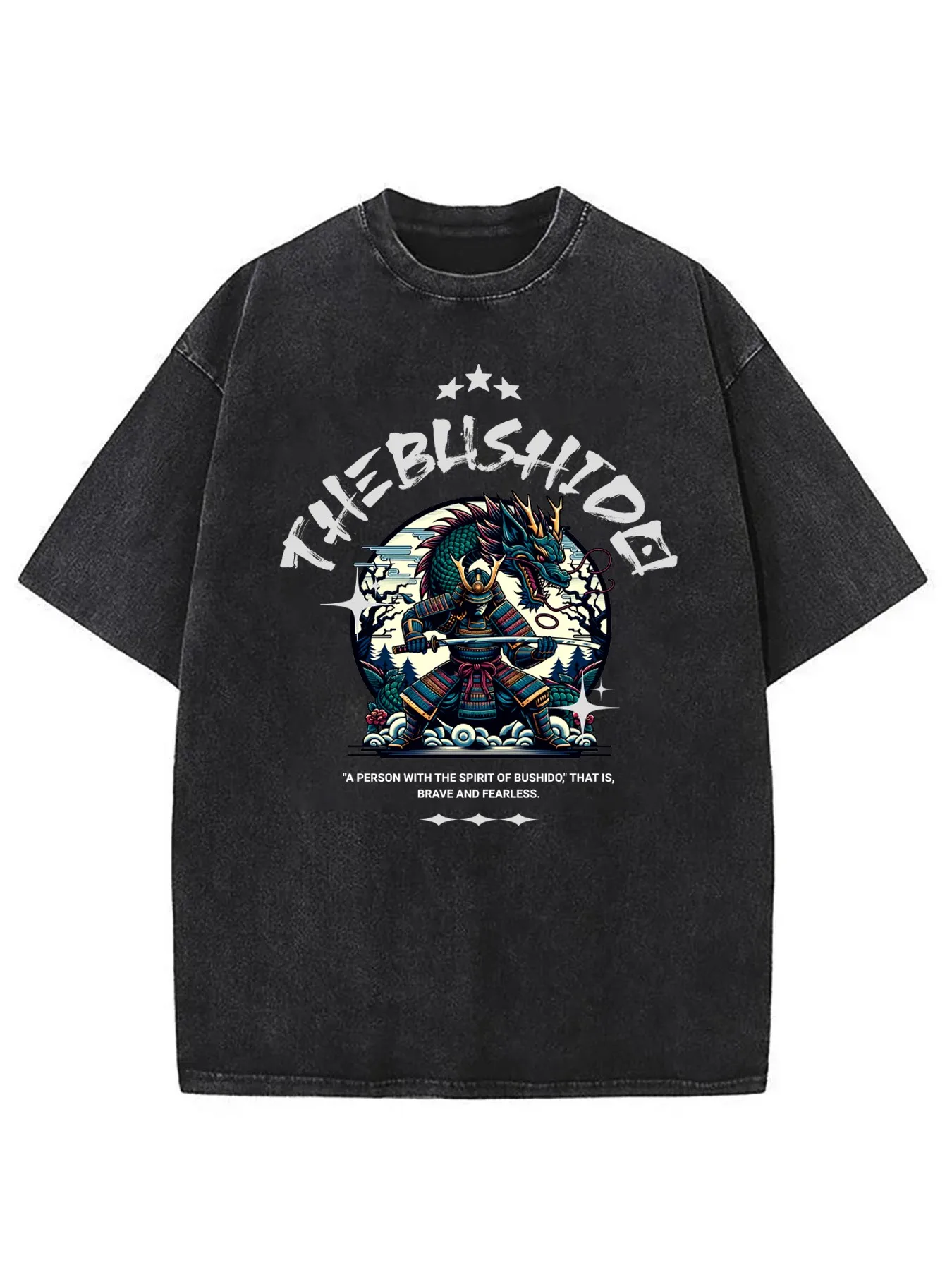 Washable Men's Black T-Shirt with a Sophisticated Warrior and Dragon Print, Featuring Bushido Slogans and Text Design, Loose Short-Sleeved Casual Top, Suitable for Everyday Wear, Round Neck, Flared Hem, Slightly Stretchy Fabric