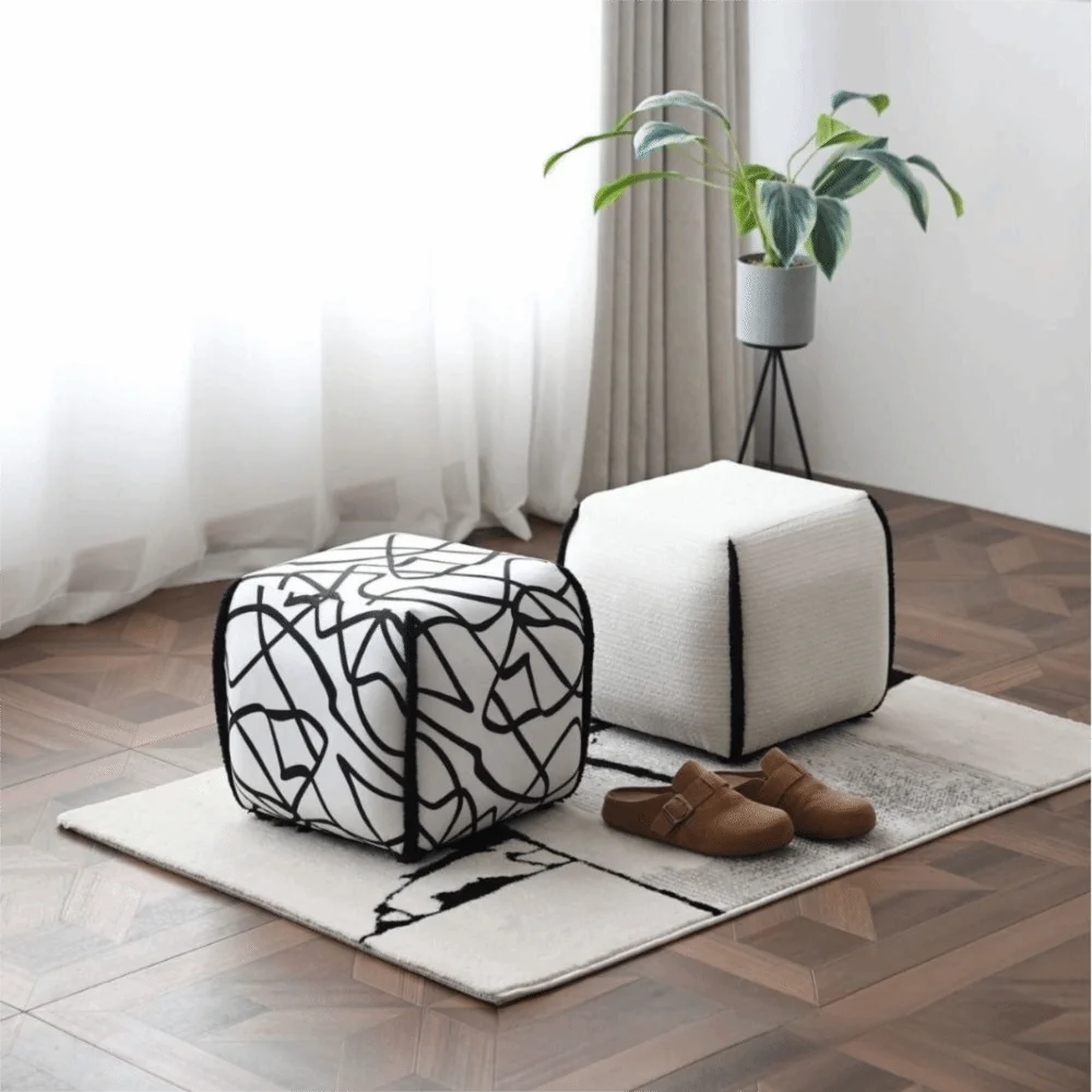 Linen Fabric Ottoman Stool Square Shape Padded Seat Seat Pouf Soft Upholstered Resilient Sponge Shoe Changing Stool