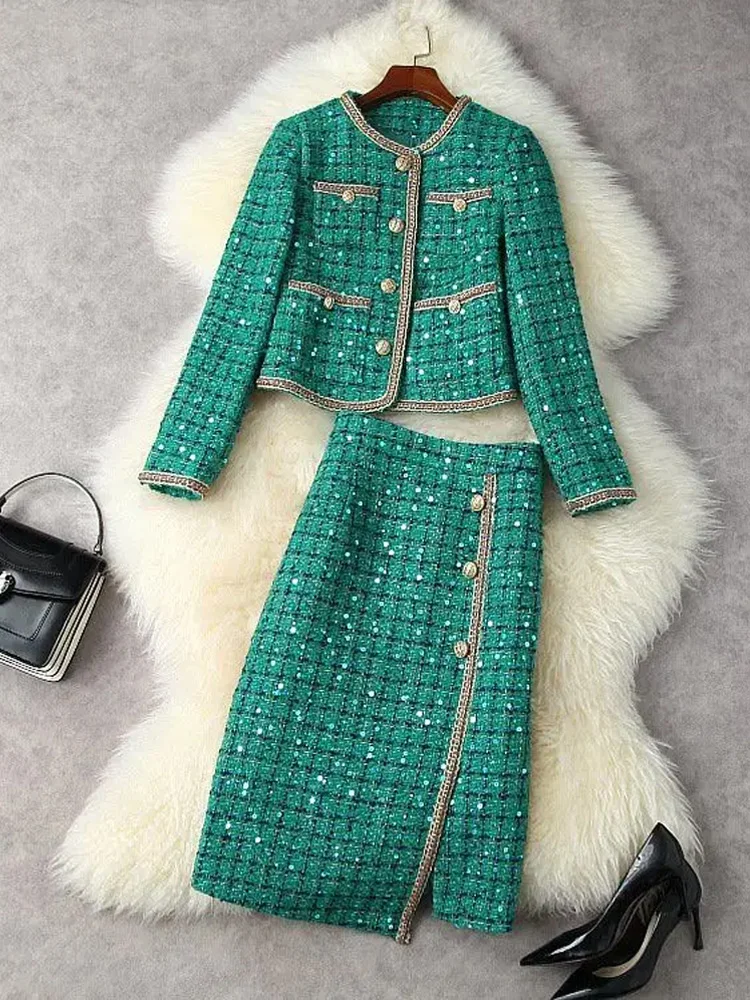 

Women Winter Elegant Vintage Tweed Fragrant Suit Jacke Coat Top And Skirt Two Piece Set Outfit Jacquard Formal Party Clothing