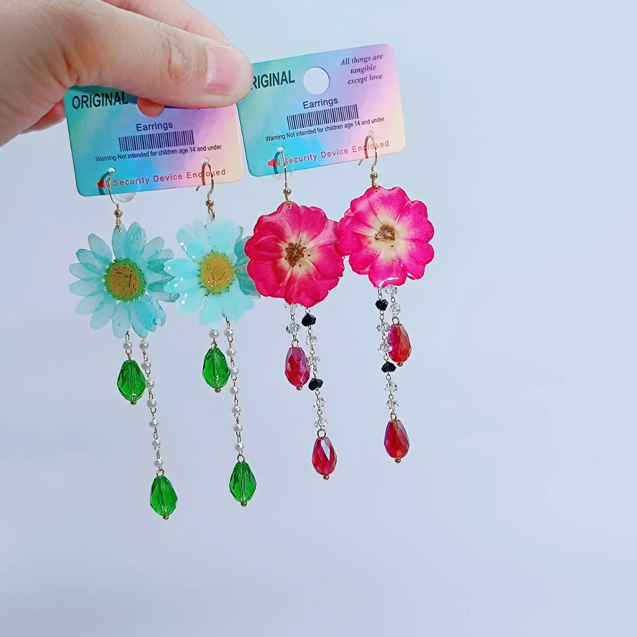 Unique Pressed Real Flower Earrings Natural Blue Flower Earrings Handmaking Epoxy Resin Floral Jewelry Elegant Long Earrings