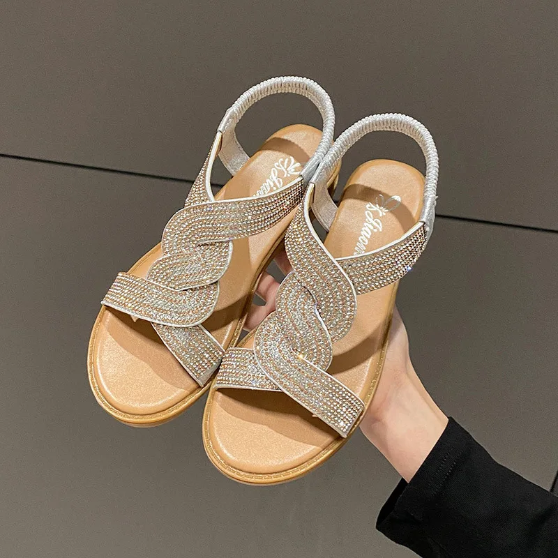 2024 Summer New Sandals Sexy Crystal Women Shoes Wedges Roman Sandals Lady Slippers Female Sandal Elegant Open Toe Women Sandals