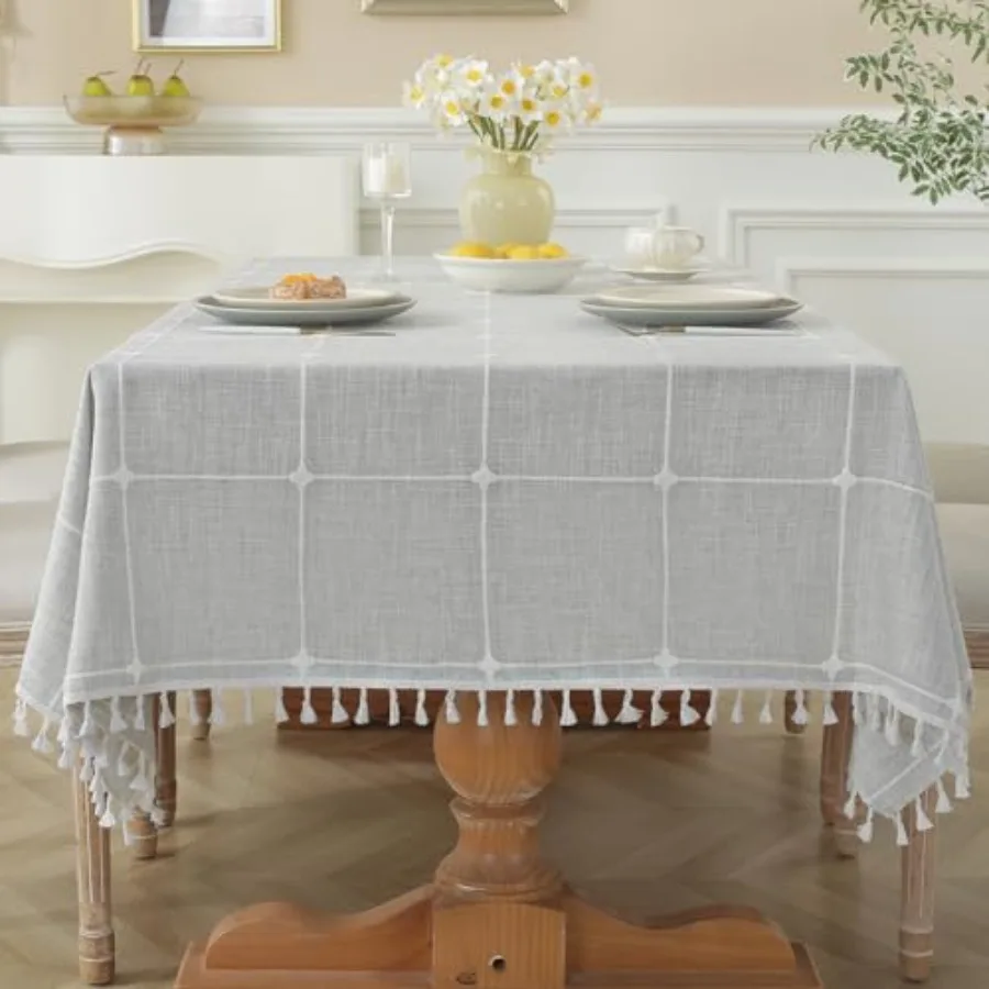 

Grey Plaid Tablecloth Rustic Burlap Linen FabricWashable Outdoor Table Covers with Tassel Waterproof Table Cover for Kitchen Di