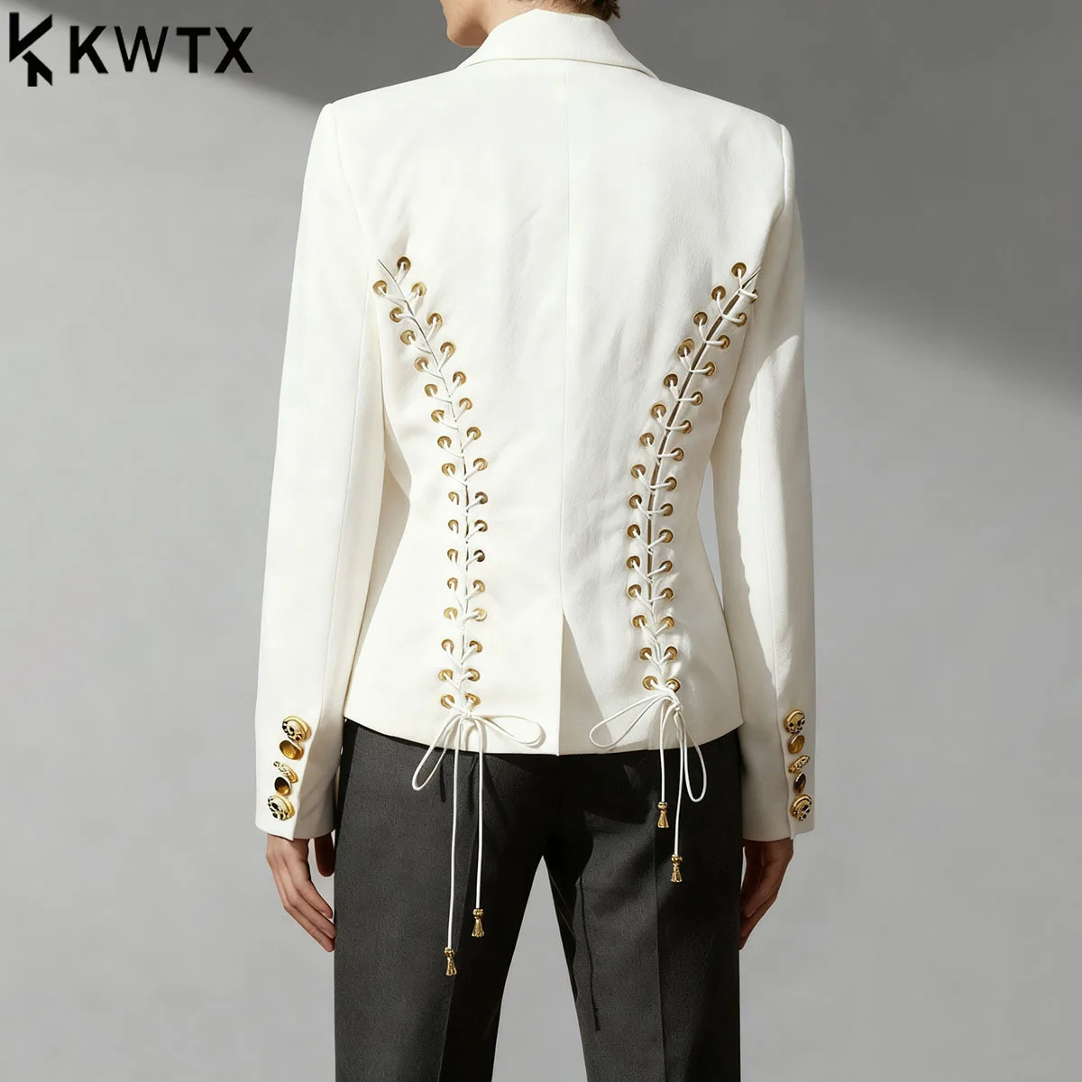 

KWTX 2025 Solid Slimming Spliced Lace Up Fashion Blazers for Women Lapel Long Sleeves Patchwork Buttons Elegant Blazer Female