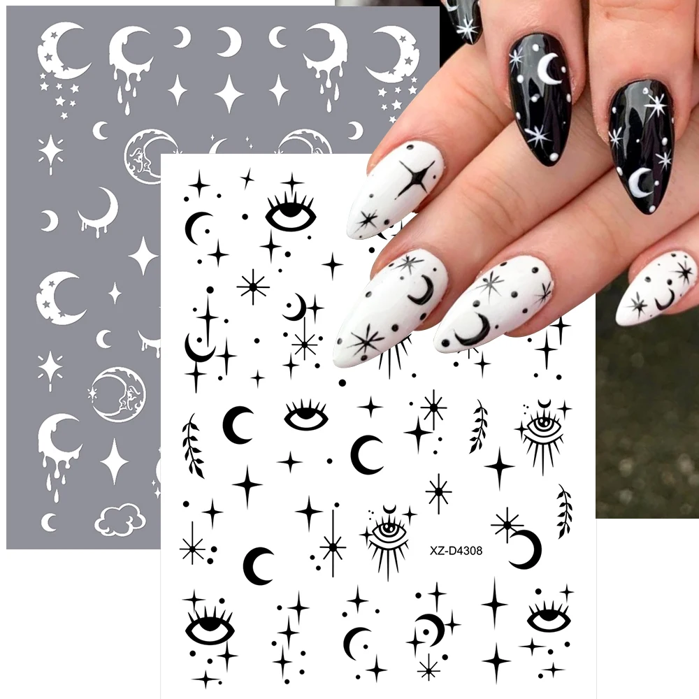 ﻿12pcs Y2k Black Sun/Moon Nail Art Sticker 3D Metal Star,Snake,Geometric lines Zodiac Signs Nail Decals DIY Nail Tips Decoration