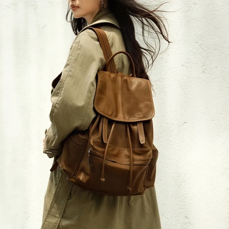 Genuine Leather Women Backpack Rucksack Cross Body Bag Book School Lady Cowhide Female Daypack Messenger Shoulder Bags Knapsack