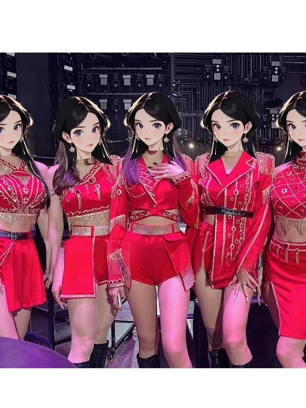 Red Dance Team Performance Suit 2026 Bar Show Female Group New Jazz Costume Set Stage Performance Outfit Roman Cloth Material