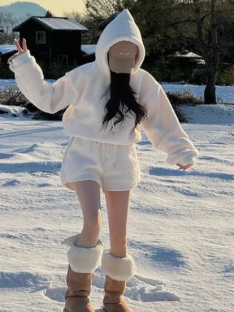 

Faionable Thiened Warm Hooded Lamb Fur Sweatirt Women's High Waist orts Set Winter New Arrival Two-Piece Set