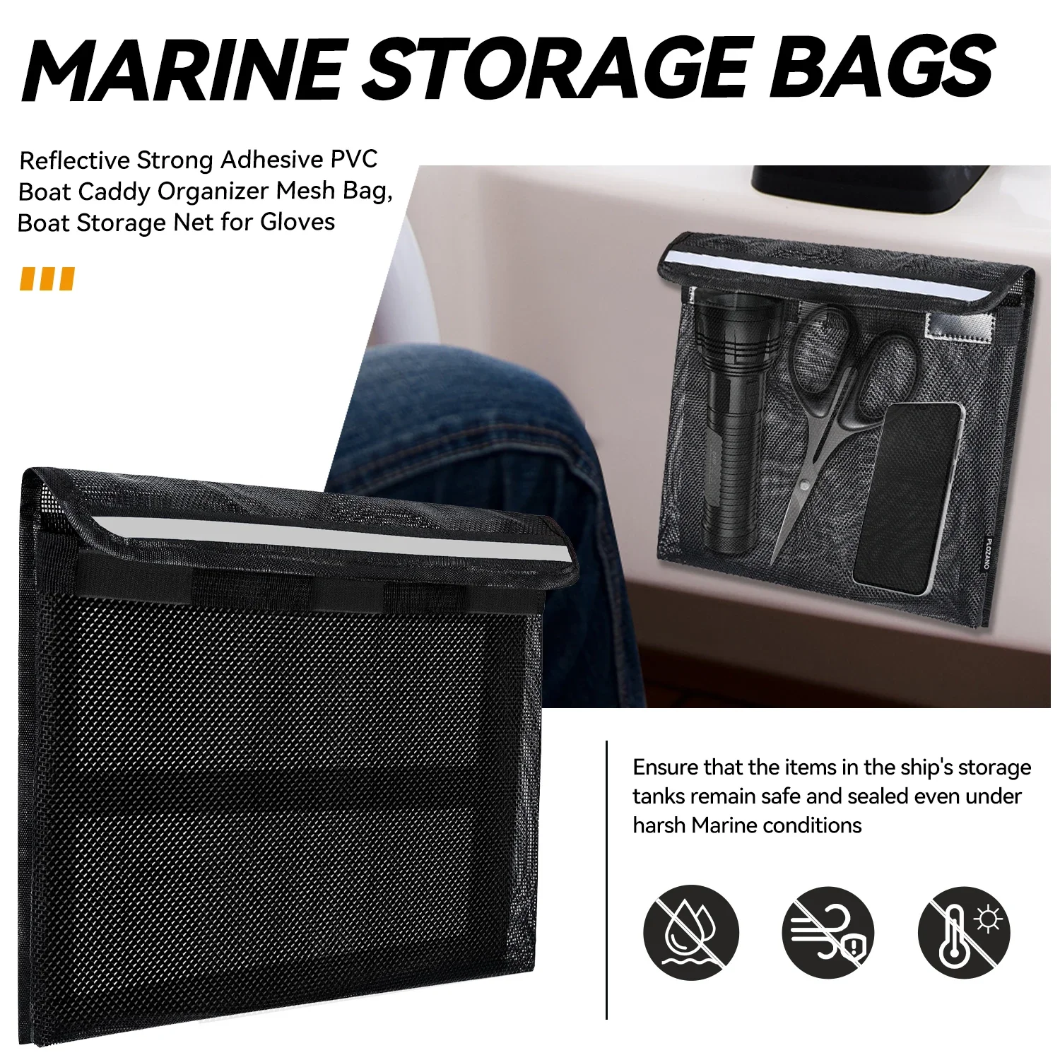 Boat Storage Bag with Reflective Lid&Strong Adhesive, PVC Mesh Organizer for Gloves Flashlight,13.4