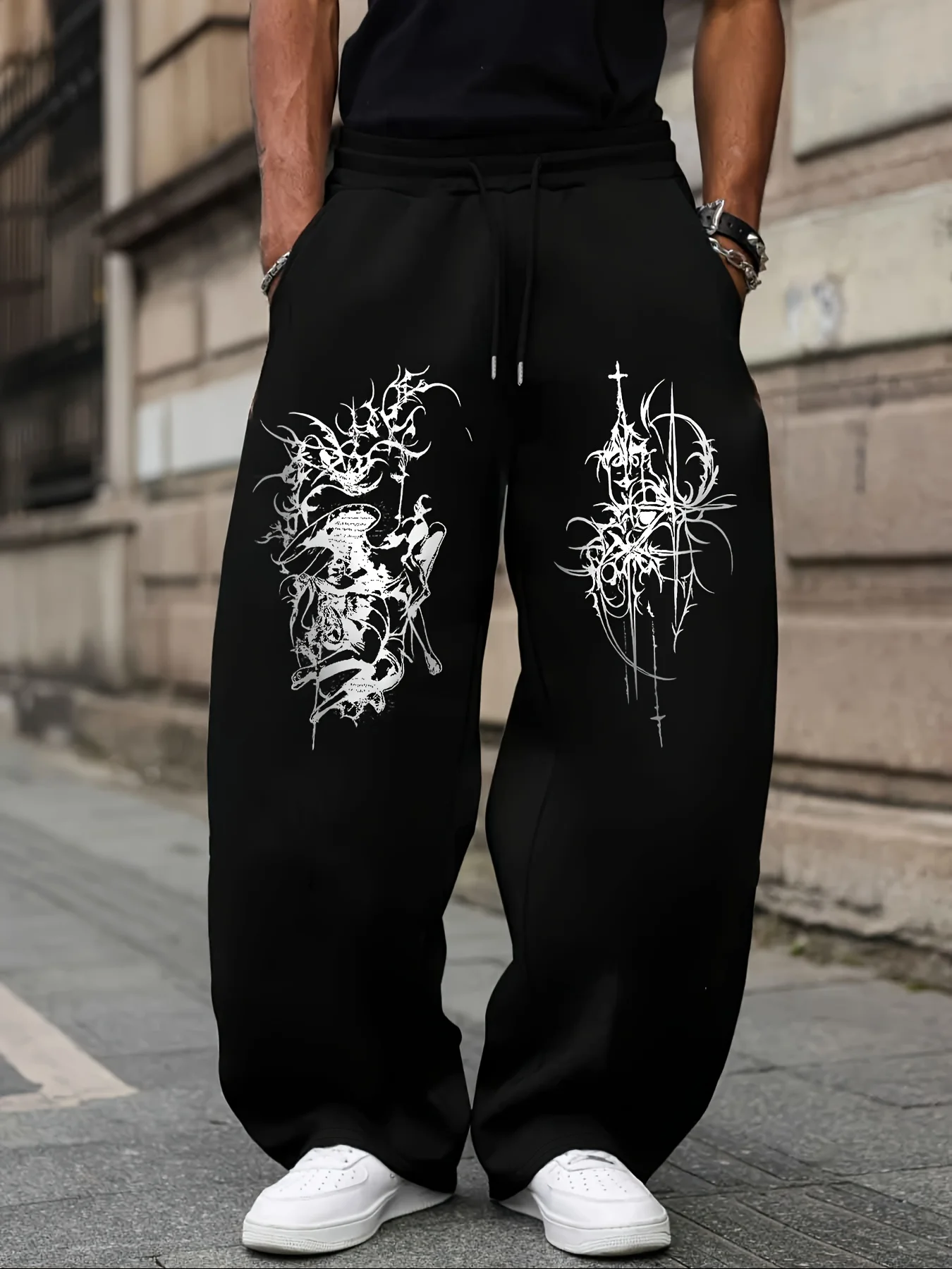 Men's Autumn Straight-Leg Fleece Sweatpants Gothic Angel Print Casual Stylish and Versatile Suitable for Sports and Daily Wear