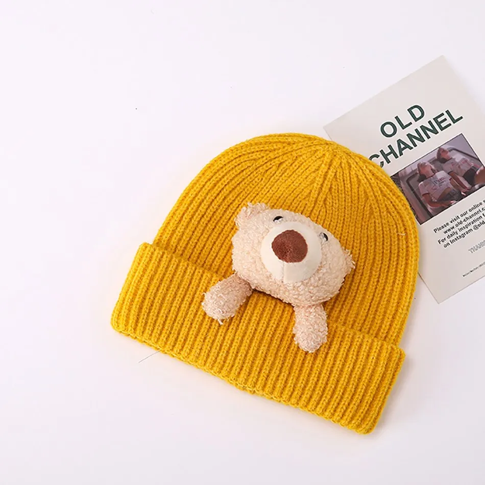 Kids Hats Caps Baby Newborn Knitted Hat Autumn Winter Baby Boys Girls Warm Windproof Hats Children Cartoon Bear Solid Color Hat