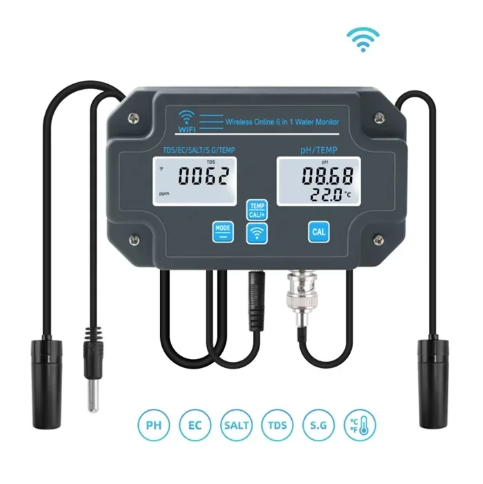 APP Online Smart  Wifi Water Quality Tester 6 in 1 Salt S.G.Temp PH EC TDS Meter for Aquariums