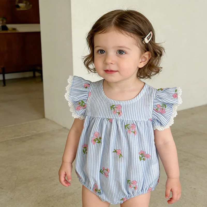 Baby Girl Bodysuit Summer Thin Embroidery Flutter Sleeve Triangle Romper Newborn Princess Soft Cotton Outfits For Infant 0-24M