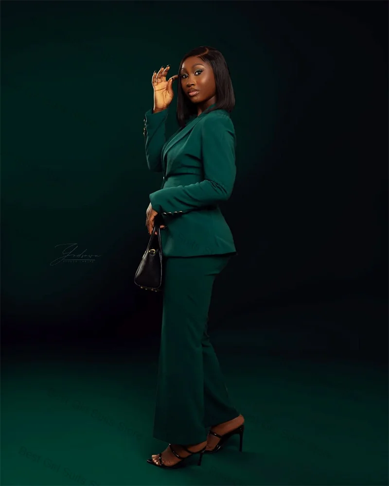 

Dark Green Women Suit Set 2 Pcs Blazer Pants Autumn Formal Office Lady Jacket Cotton Customized Wedding Prom Party Coat