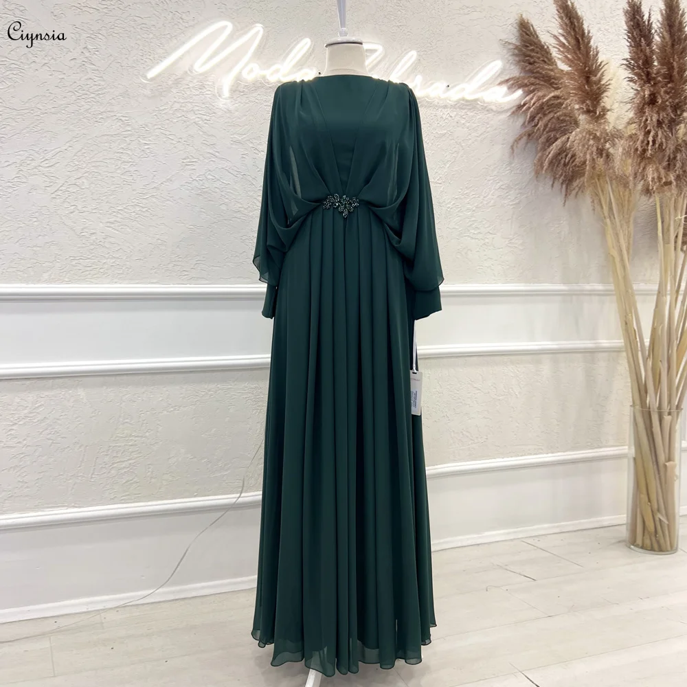 Ciynsia muslimisches formelles Abendkleid 2024 Chiffon U-Ausschnitt lange Ärmel dunkelgrün a-Linie Abschluss ball Party kleider Robe de Soirée Femme