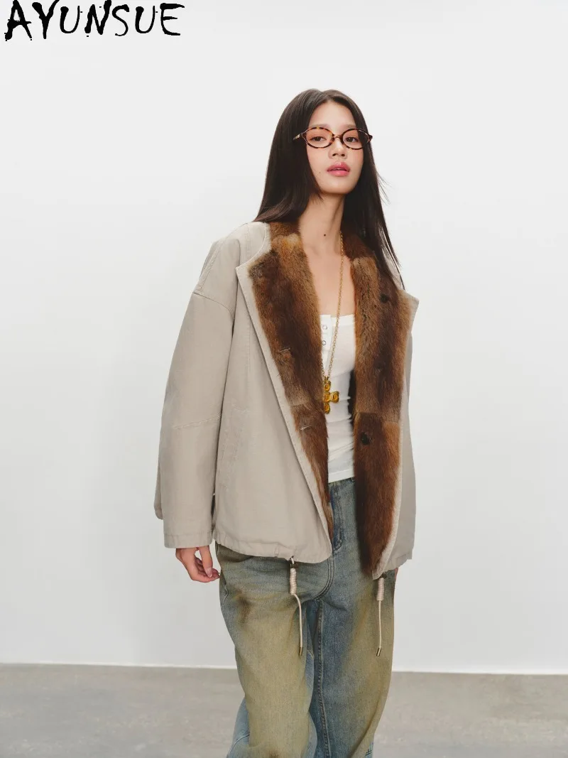 AYUSNUE Womens Muskrat Fur Lining Parka Short Stand Collar Loose Simple Female Warm Winter Clothing Fur Coat Outerwear New 2026