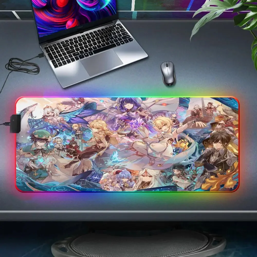 Anime Antislip Large LED Rubber Carpet HU TAO Genshin Impact 90x40cm Computer Gaming Lock Edge Mouse Pad RGB Backlight Mousepad