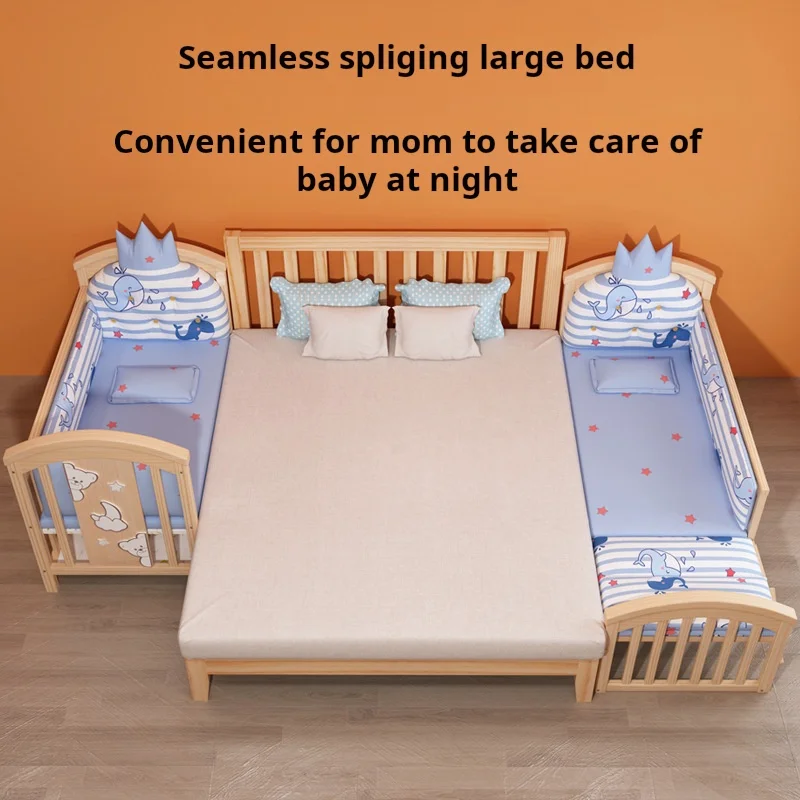 Solid Wood Unpainted Newborn Crib Multifunctional Removable Splice King Size Bed