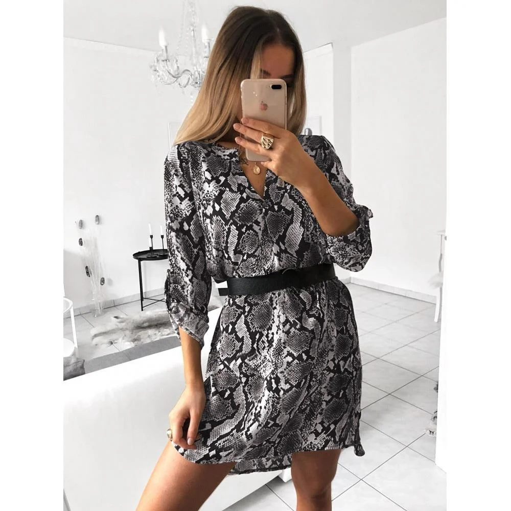 Imprimé serpent Long Sve irt Dr Vintage Sle femme taille ample tissu Polyester régulier Sve ourlet irrégulier