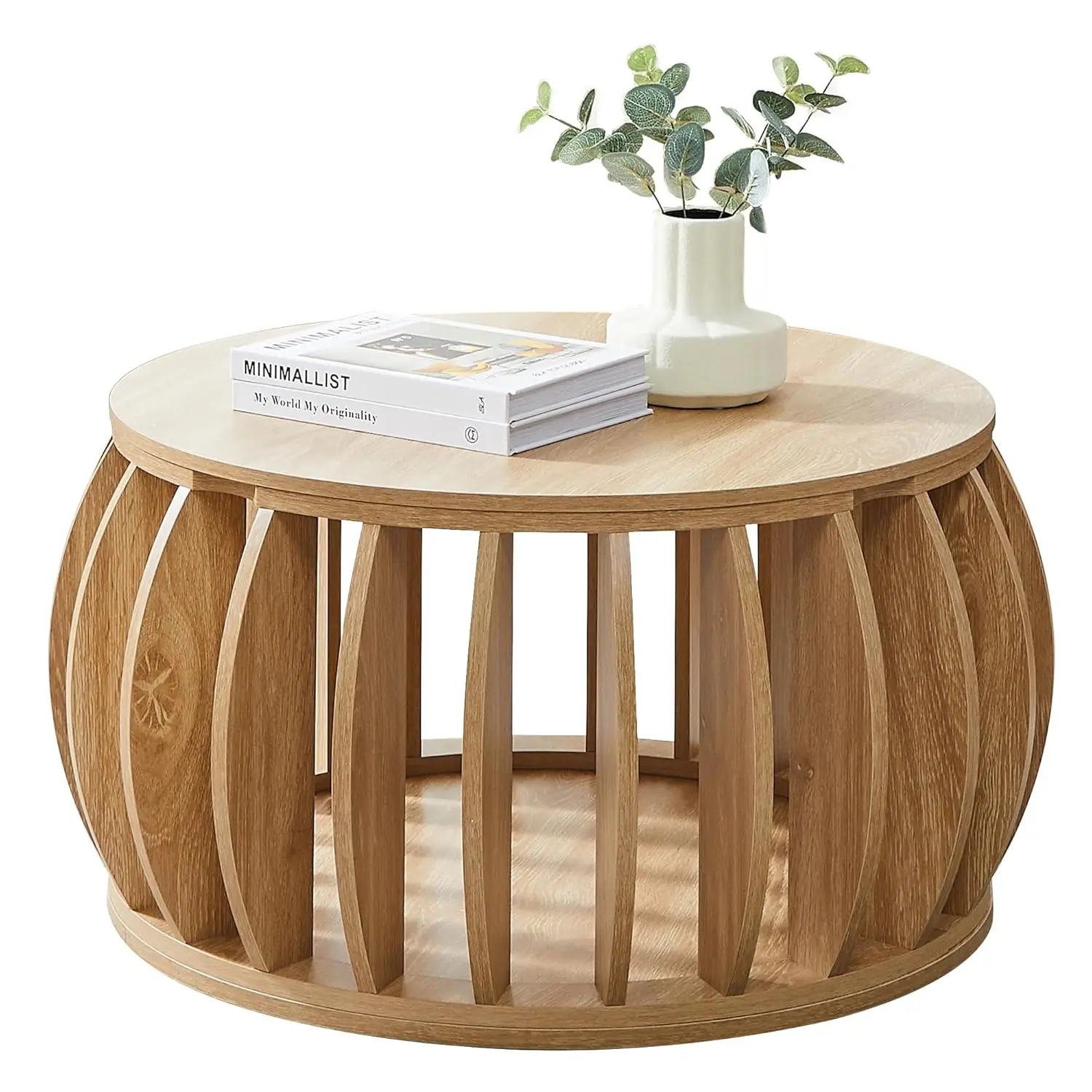 

Drum Coffee Table With Storage,31.5” Wood Round Coffee Table,Farmhouse Pumpkin-Shaped Center Table For Living Room Home Office