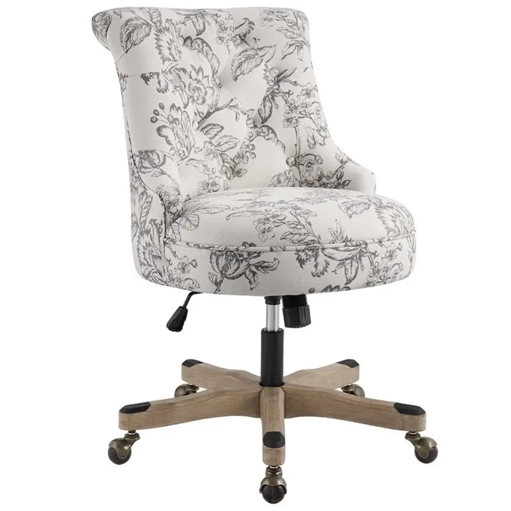 

Sinclair Wood Base Adjustable Rolling Office Chair in Floral Gray Fabric, Customized
