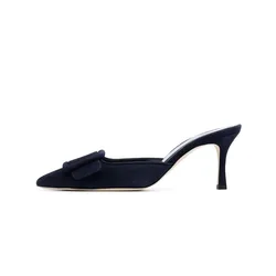 Arden Furtado 2024 Summer Cow suede Mules Pointed toe Belt buckle Pull-on Stiletto heels Closed toe Slippers Large size