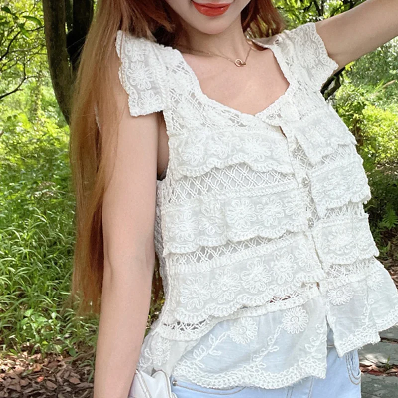 Boring Honey Solid Color Square Collar Summer Clothes For Women Lace Join Together Sleeveless T-Shirt Single-Breasted Tops Women