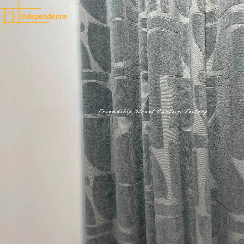 Grey Blue Geometric Figure Jacquard Flocking Cloth Curtains for Living Room Bedroom French Window Customized Finished Product