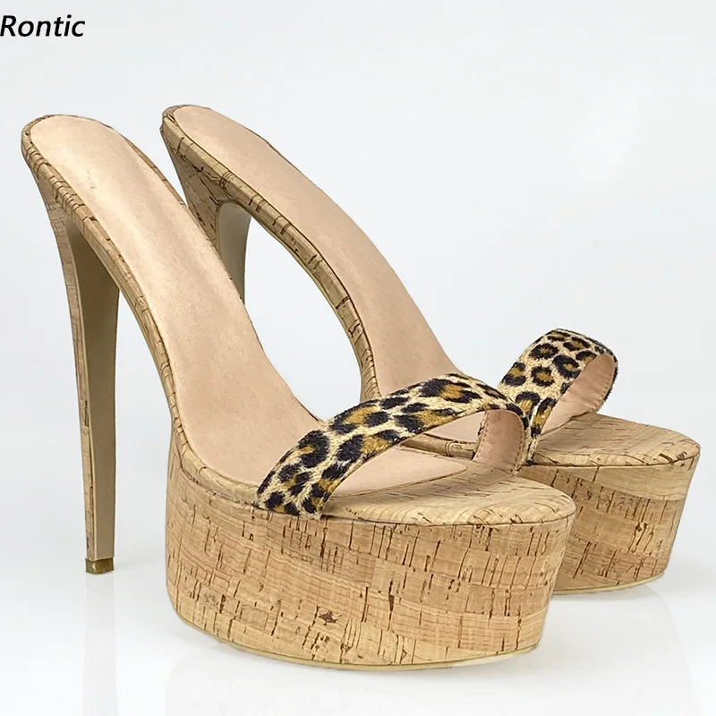 

Rontic 2021, женские сандалии-мюли ручной работы, непромокаемые туфли на шпильке с открытым носком, великолепная обувь унисекс с леопардовым принтом для косплея, размер США 5-20