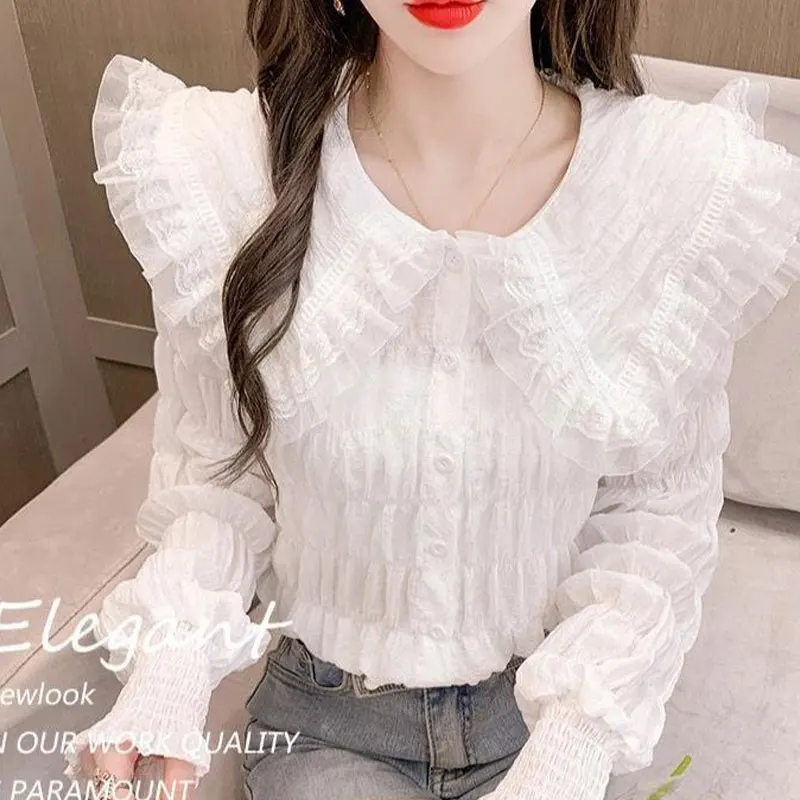 Sweet Solid Lace Patchwork Turn-down Collar Korean Femme Tops Interior Lapping Buttons 2023 New Spring Autumn Women\'s Clothing