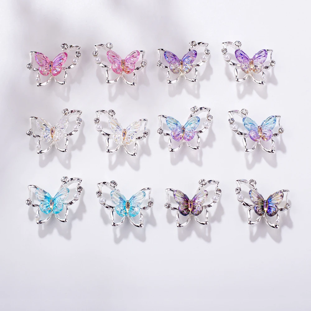 Abalorio de mariposa brillante para decoración de uñas, Gema de cristal hueco de aleación 3D, accesorios de estilo Kawaii, 5 piezas