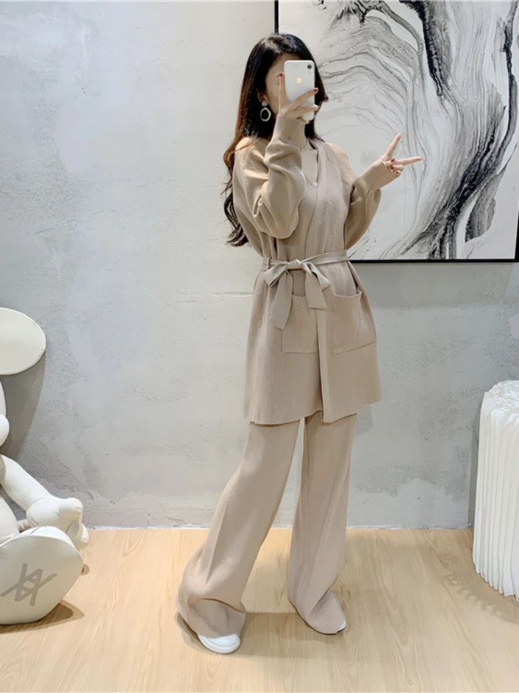 Winter Women Knitted 2 Pieces Set Muslim Casual Thicken Long Jacket Dress Sweater Coat +pant 2PCS Suits Warm Set Abaya 2024