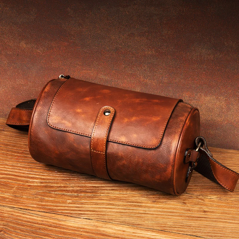 Luxury men and women vegetable tanned leather crossbody bag leather shoulder bag leather casual fashion cylinder satchel