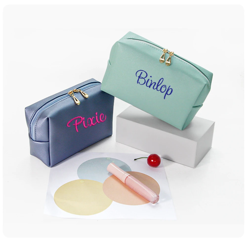 Personalized Embroidered Customization Simple Solid Color Dopamine PU Leather Makeup Storage Octagonal Small Square Bag