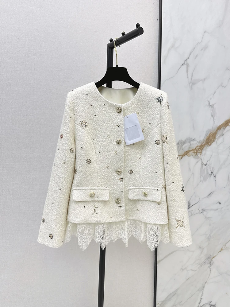 Spring Autumn Fashion White Straight Barrel Casual Jackets Women's O-Neck Sequins Long Sleeve Single Breasted Lace Hem Jackets
