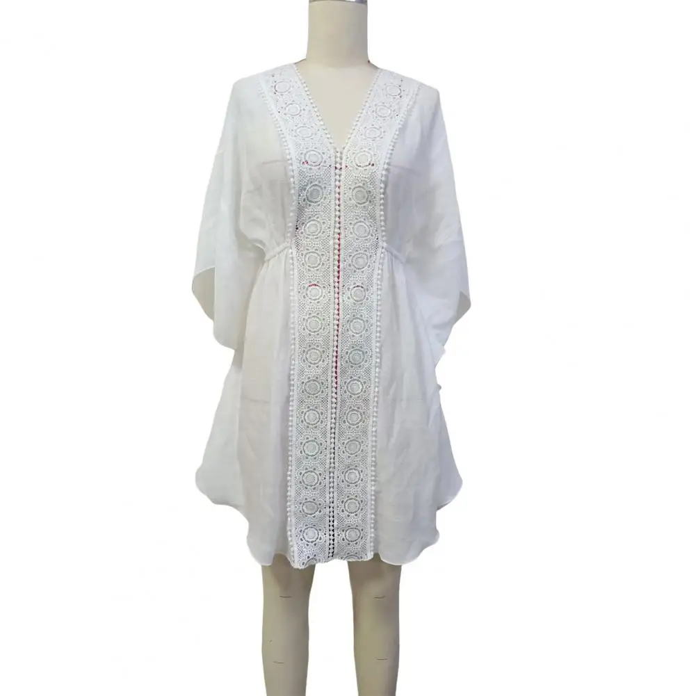 2025 nuevos colores sólidos cuello en V encaje manga corta túnica playa cubrir encubrimientos Vestido de playa ropa de playa ropa de playa mujer