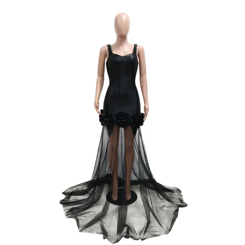 

New Black Mesh See Though Flower Ruched Luxury Rhinestone Wedding Evening Mermaid Long Dress Women Strap Cocktail Birthday Robe